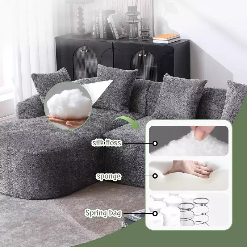 Canapé d'angle en tissu bouclé confortable avec méridienne, grand canapé-lit sectionnel rembourré minimaliste 3 places avec assise profonde, côté gauche