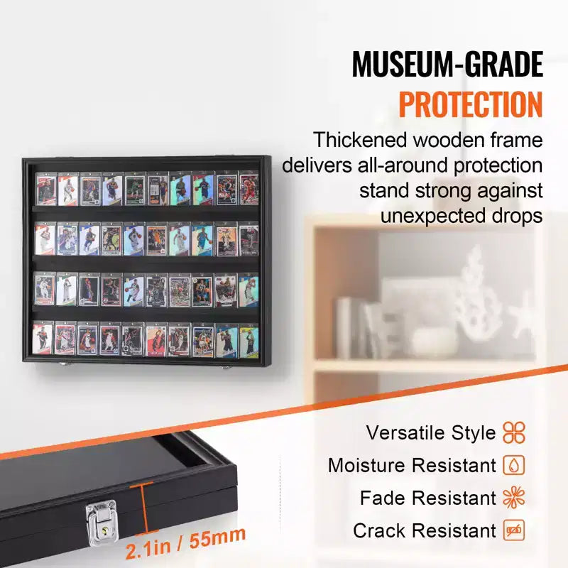 Vitrine à cartes de sport à 36 niveaux, 77,5x61,7x5,3 cm, cadre d'affichage pour cartes de baseball avec verre PC à vue dégagée anti-UV à 98 %, noir