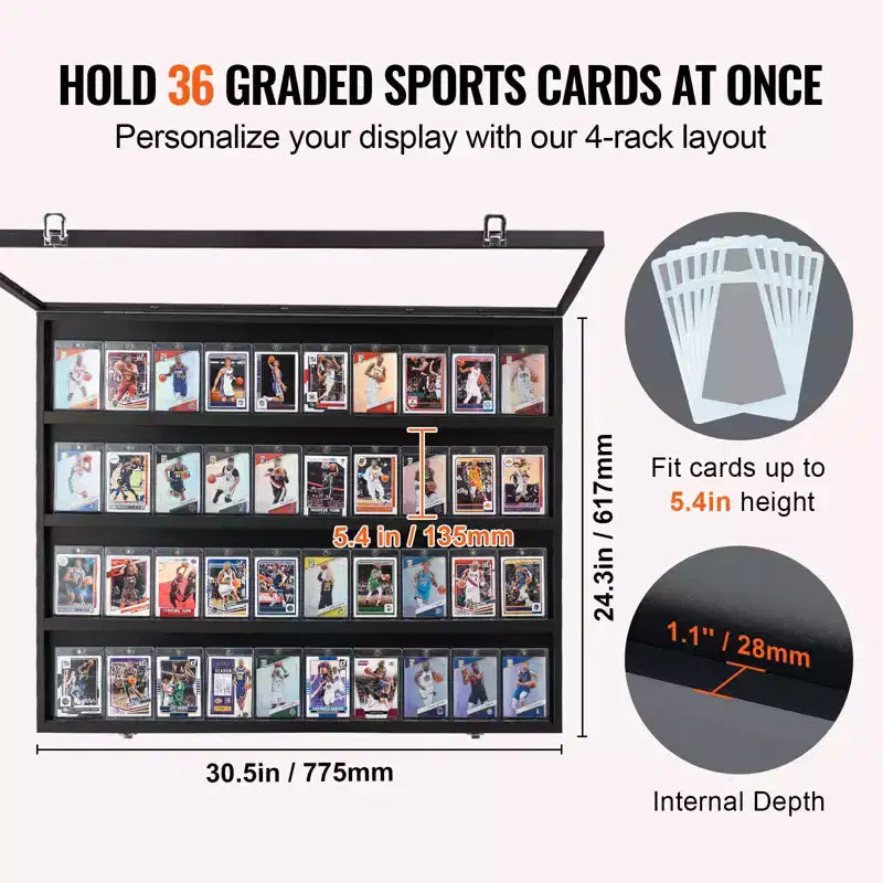 Vitrine à cartes de sport à 36 niveaux, 77,5x61,7x5,3 cm, cadre d'affichage pour cartes de baseball avec verre PC à vue dégagée anti-UV à 98 %, noir