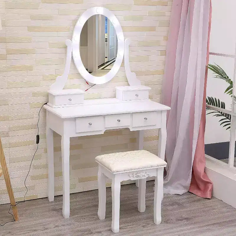 Coiffeuse Moderne, Coiffeuse Fille avec Miroir Lumineux et Tabouret Rembourré, Table de Maquillage avec 5 Tiroirs