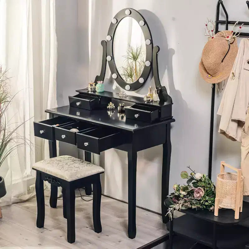 Coiffeuse Moderne, Coiffeuse Fille avec Miroir Lumineux et Tabouret Rembourré, Table de Maquillage avec 5 Tiroirs