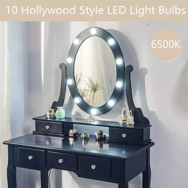 Coiffeuse Moderne, Coiffeuse Fille avec Miroir Lumineux et Tabouret Rembourré, Table de Maquillage avec 5 Tiroirs