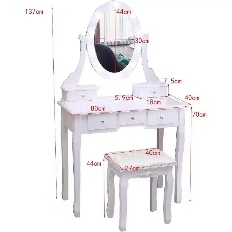 Coiffeuse Moderne, Coiffeuse Fille avec Miroir Lumineux et Tabouret Rembourré, Table de Maquillage avec 5 Tiroirs