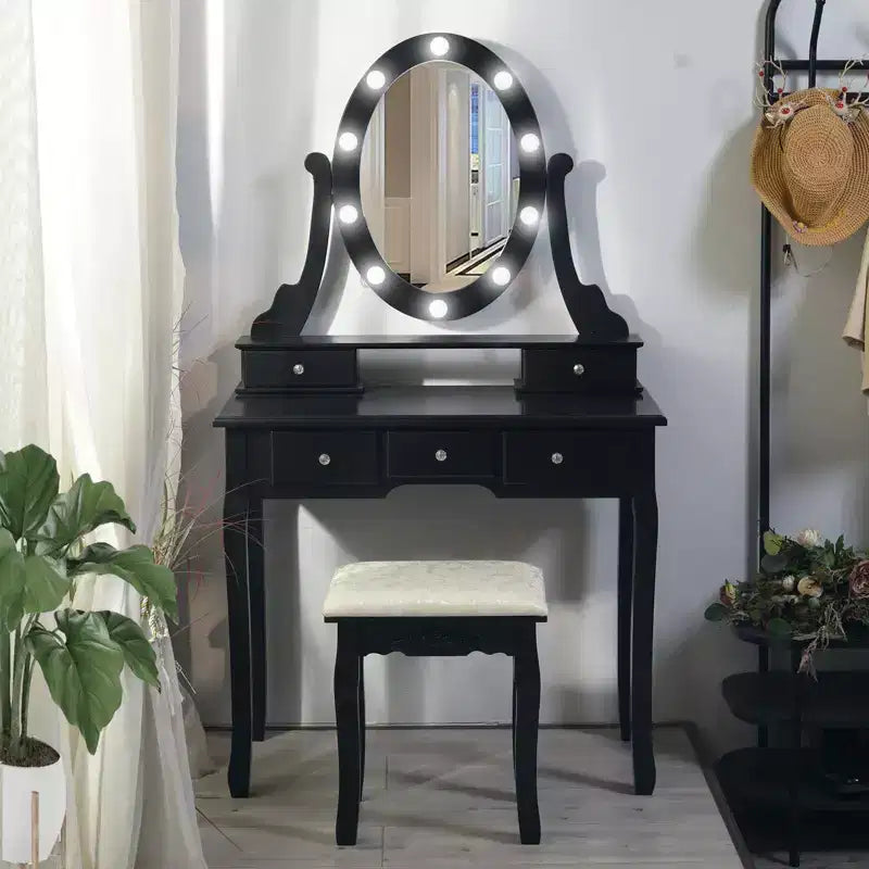 Modern Makeup Vanity, Girls Vanity Set with Lighted Mirror and Cushioned Stool, Make Up Table with 5 Drawers