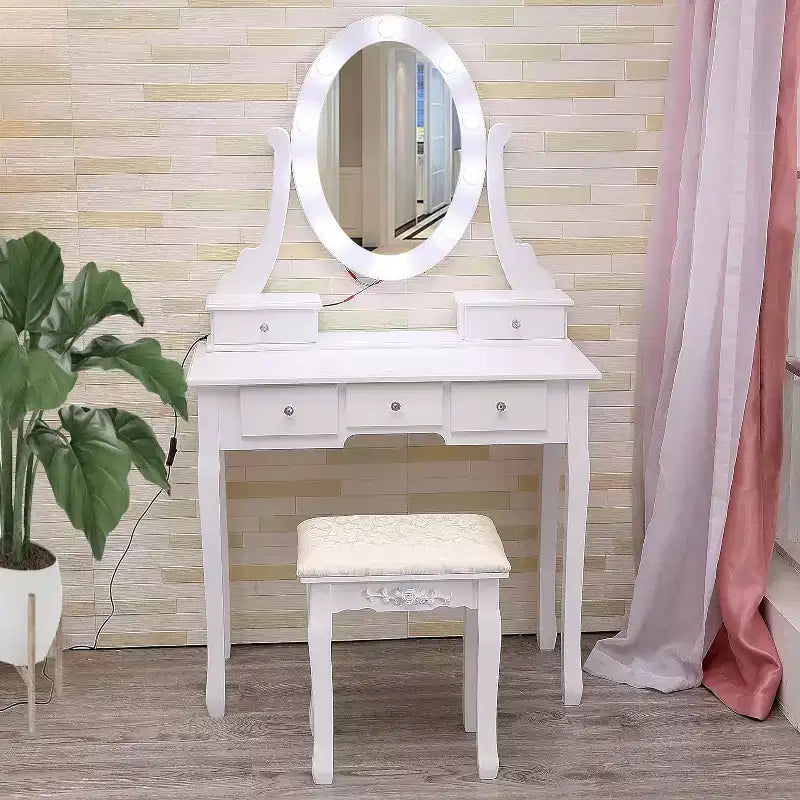 Coiffeuse Moderne, Coiffeuse Fille avec Miroir Lumineux et Tabouret Rembourré, Table de Maquillage avec 5 Tiroirs