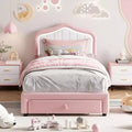 Twin Size Pink White Upholstered Bed Frame with Storage Drawer, LED Headboard, No Box Spring Needed, Easy Assembly