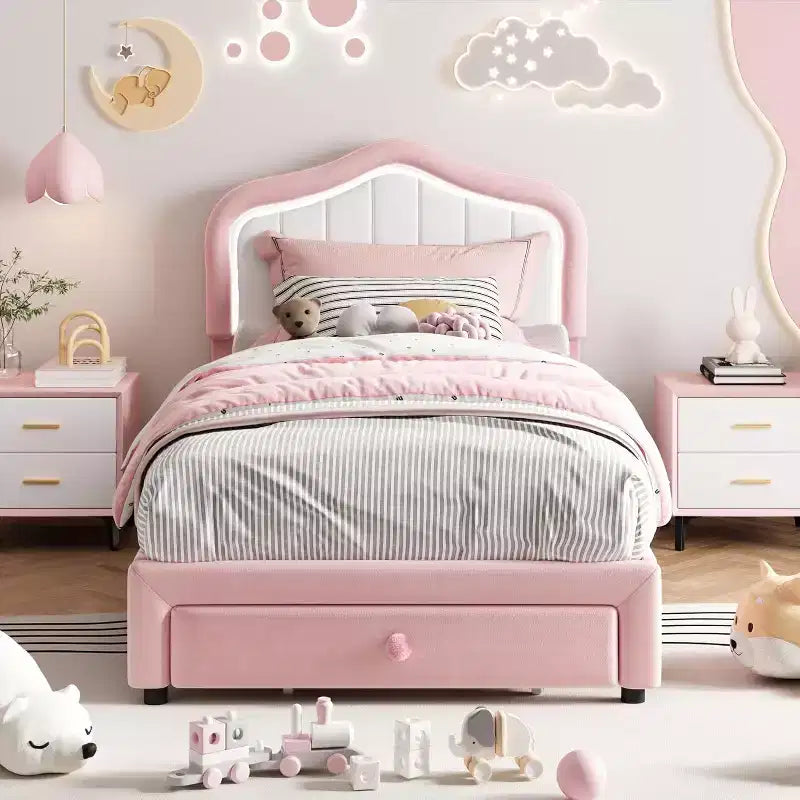 Twin Size Pink White Upholstered Bed Frame with Storage Drawer, LED Headboard, No Box Spring Needed, Easy Assembly