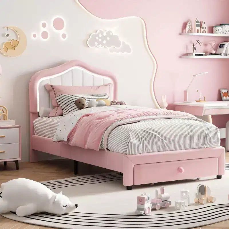 Cadre de lit capitonné rose et blanc double avec tiroir de rangement, tête de lit à LED, sommier tapissier non requis, assemblage facile
