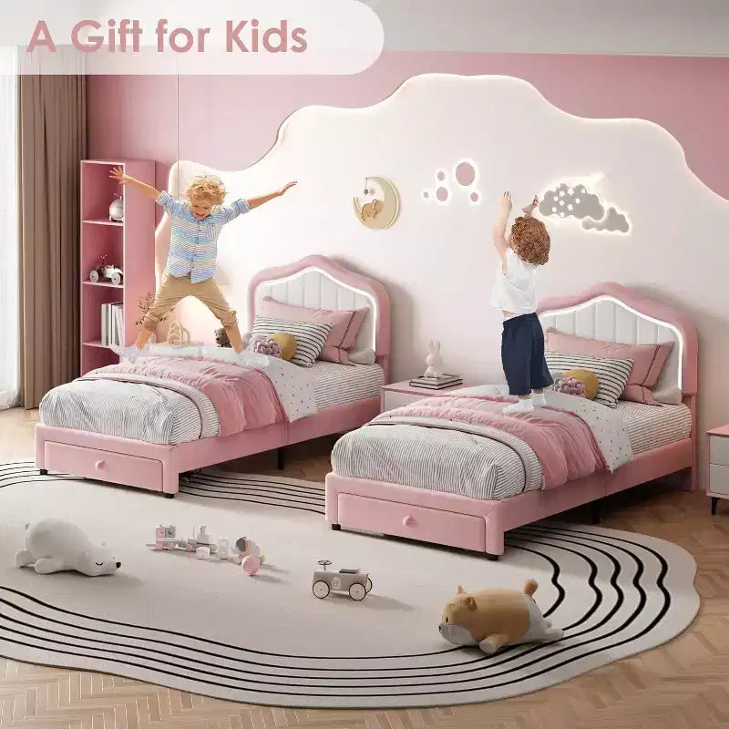 Cadre de lit capitonné rose et blanc double avec tiroir de rangement, tête de lit à LED, sommier tapissier non requis, assemblage facile