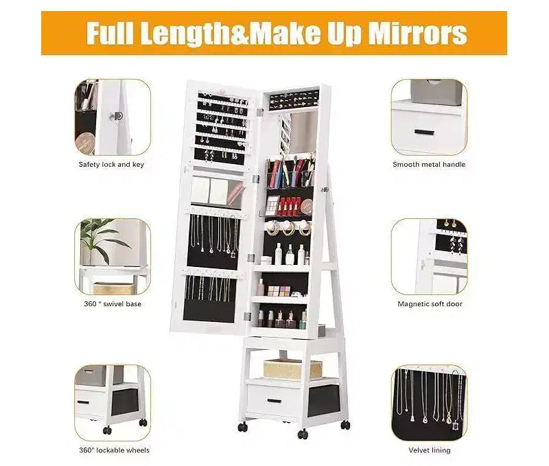 Miroir Psyché à Bijoux 360°, Meuble de Rangement à Bijoux Verrouillable sur Pied avec Miroir, Tiroirs et Roulettes, Armoire à Bijoux avec Support de Maquillage Pliable