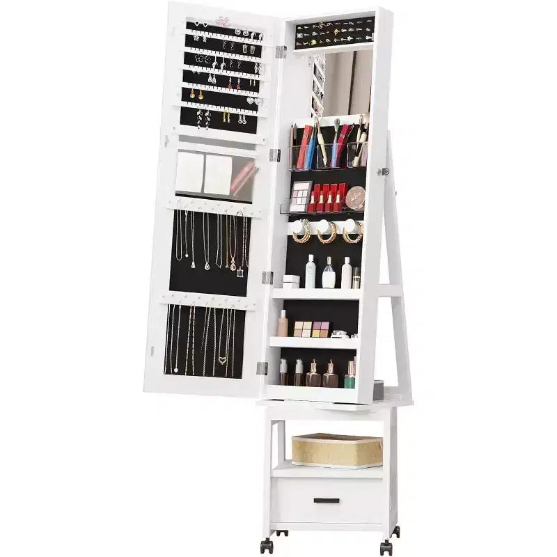 Miroir Psyché à Bijoux 360°, Meuble de Rangement à Bijoux Verrouillable sur Pied avec Miroir, Tiroirs et Roulettes, Armoire à Bijoux avec Support de Maquillage Pliable