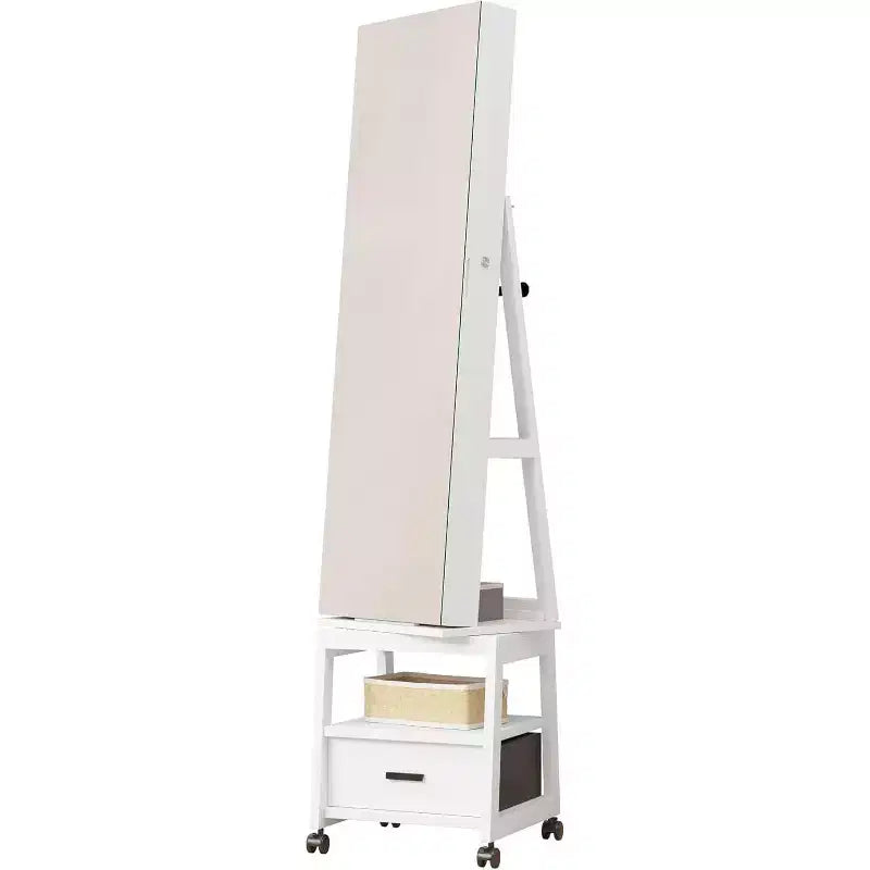 Miroir Psyché à Bijoux 360°, Meuble de Rangement à Bijoux Verrouillable sur Pied avec Miroir, Tiroirs et Roulettes, Armoire à Bijoux avec Support de Maquillage Pliable