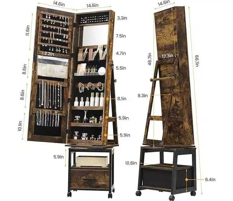 Miroir Psyché à Bijoux 360°, Meuble de Rangement à Bijoux Verrouillable sur Pied avec Miroir, Tiroirs et Roulettes, Armoire à Bijoux avec Support de Maquillage Pliable