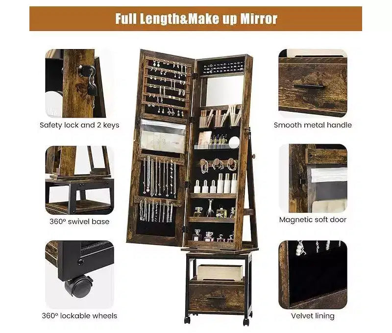 Miroir Psyché à Bijoux 360°, Meuble de Rangement à Bijoux Verrouillable sur Pied avec Miroir, Tiroirs et Roulettes, Armoire à Bijoux avec Support de Maquillage Pliable