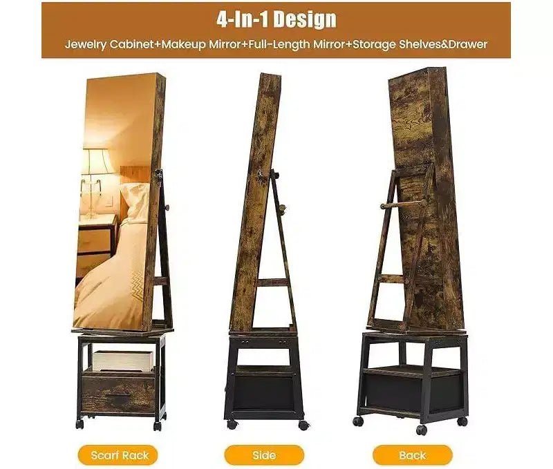 Miroir Psyché à Bijoux 360°, Meuble de Rangement à Bijoux Verrouillable sur Pied avec Miroir, Tiroirs et Roulettes, Armoire à Bijoux avec Support de Maquillage Pliable