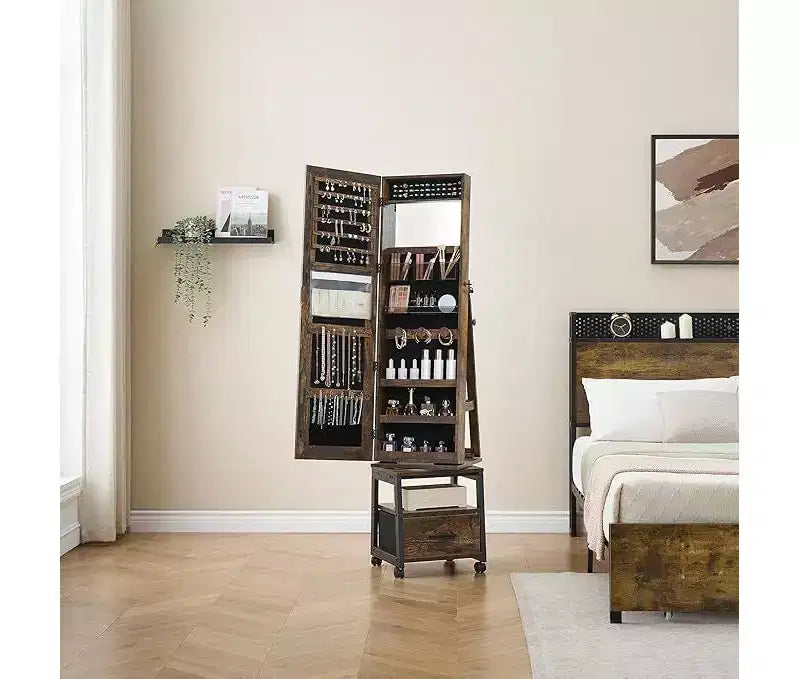 Miroir Psyché à Bijoux 360°, Meuble de Rangement à Bijoux Verrouillable sur Pied avec Miroir, Tiroirs et Roulettes, Armoire à Bijoux avec Support de Maquillage Pliable