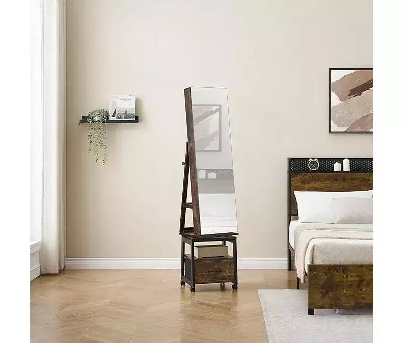 Miroir Psyché à Bijoux 360°, Meuble de Rangement à Bijoux Verrouillable sur Pied avec Miroir, Tiroirs et Roulettes, Armoire à Bijoux avec Support de Maquillage Pliable