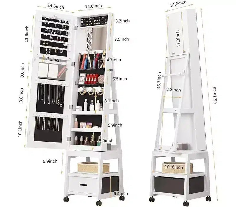 Miroir Psyché à Bijoux 360°, Meuble de Rangement à Bijoux Verrouillable sur Pied avec Miroir, Tiroirs et Roulettes, Armoire à Bijoux avec Support de Maquillage Pliable