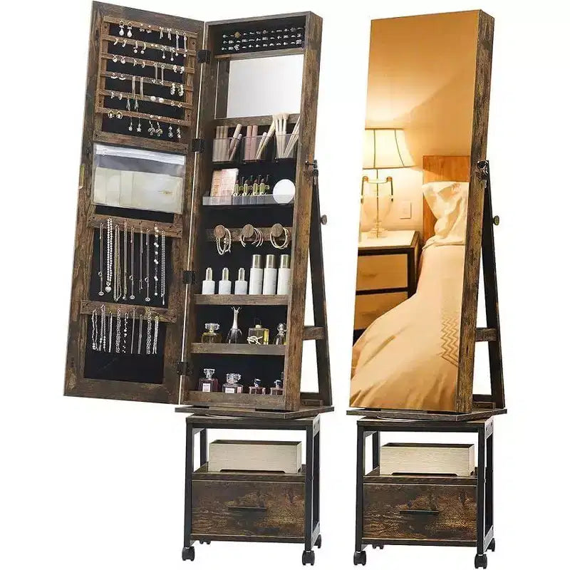 360Swivel Jewelry Armoire, Lockable Standing Jewelry Organizer with Mirror, Drawers and Wheels, Jewelry Armoire with Collapsible Makeup Stand