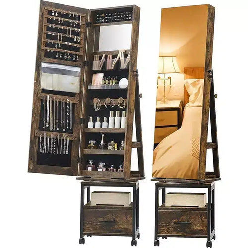 360Swivel Jewelry Armoire, Lockable Standing Jewelry Organizer with Mirror, Drawers and Wheels, Jewelry Armoire with Collapsible Makeup Stand