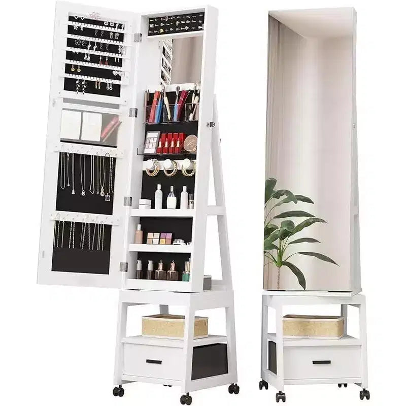 Miroir Psyché à Bijoux 360°, Meuble de Rangement à Bijoux Verrouillable sur Pied avec Miroir, Tiroirs et Roulettes, Armoire à Bijoux avec Support de Maquillage Pliable