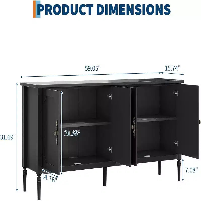 Buffet moderne de 59 po avec rangement, 4 portes et étagères réglables, meuble de bar à café