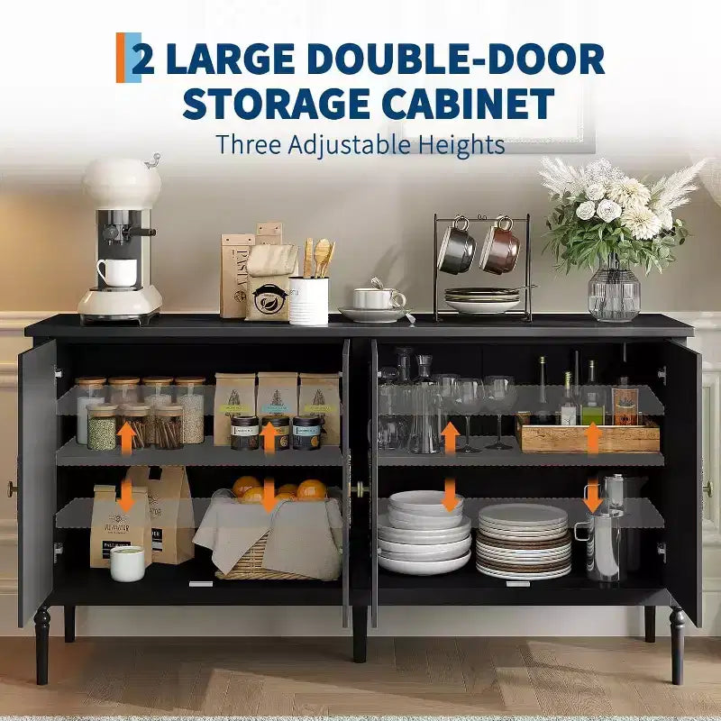Buffet moderne de 59 po avec rangement, 4 portes et étagères réglables, meuble de bar à café