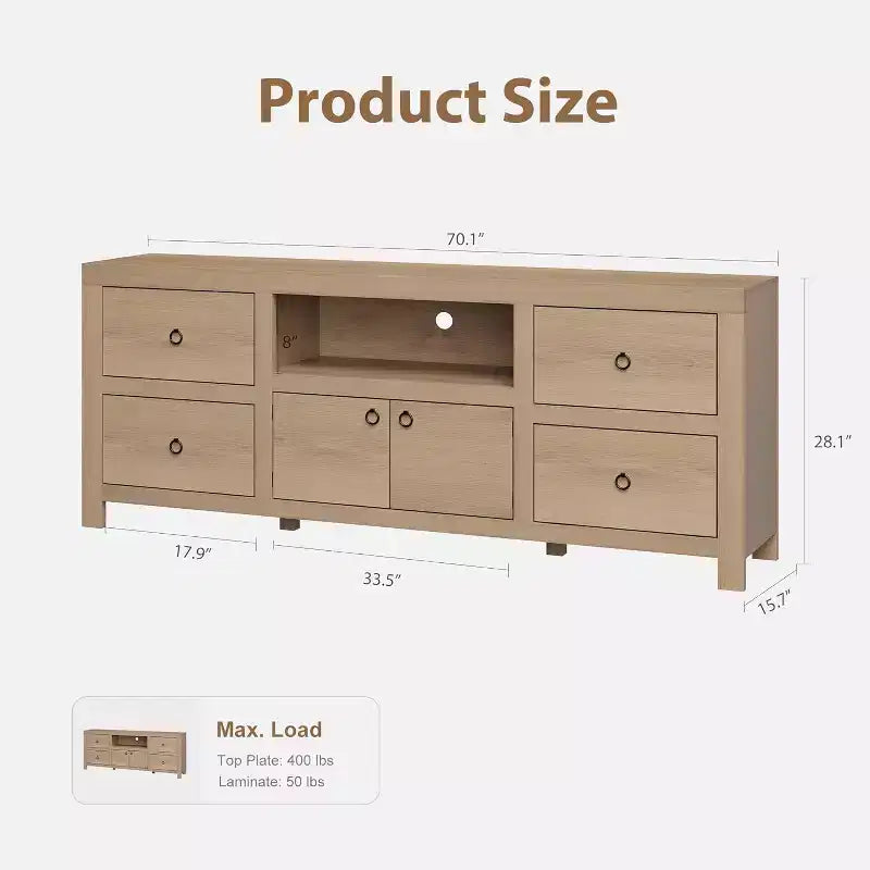 Meuble TV de Ferme pour Téléviseurs de 75/80 Pouces, Meuble TV Long de 178 cm avec 6 Tiroirs de Rangement et Étagère pour Barre de Son