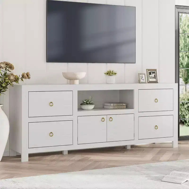 GustoWave Farmhouse TV Stand for 75/80 Inch TVs, 70 Long Entertainment Center with 6 Storage Drawers & Soundbar Shelf