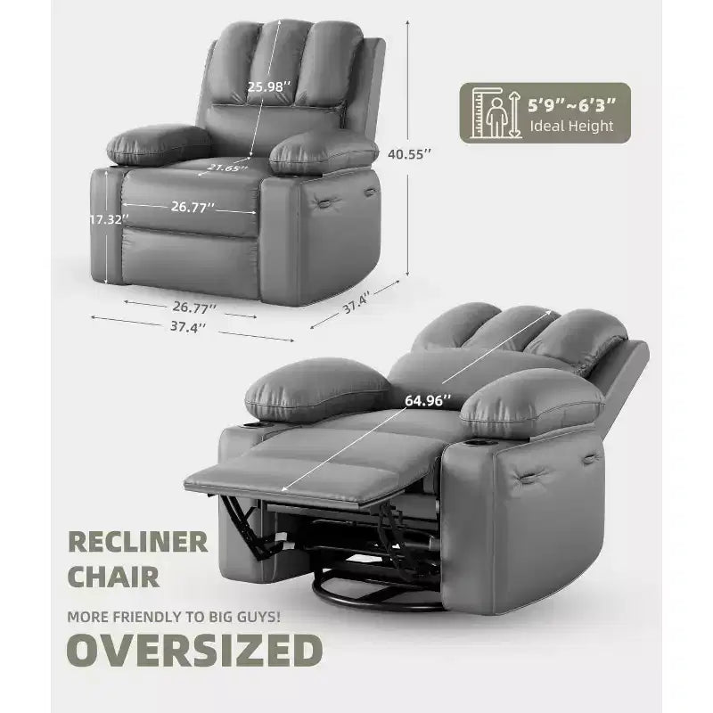 Fauteuil inclinable surdimensionné avec fonctions chauffante et massante - Fauteuil paresseux pivotant à 360° pour adultes, bascule manuelle avec télécommande, pour salons et chambres à coucher