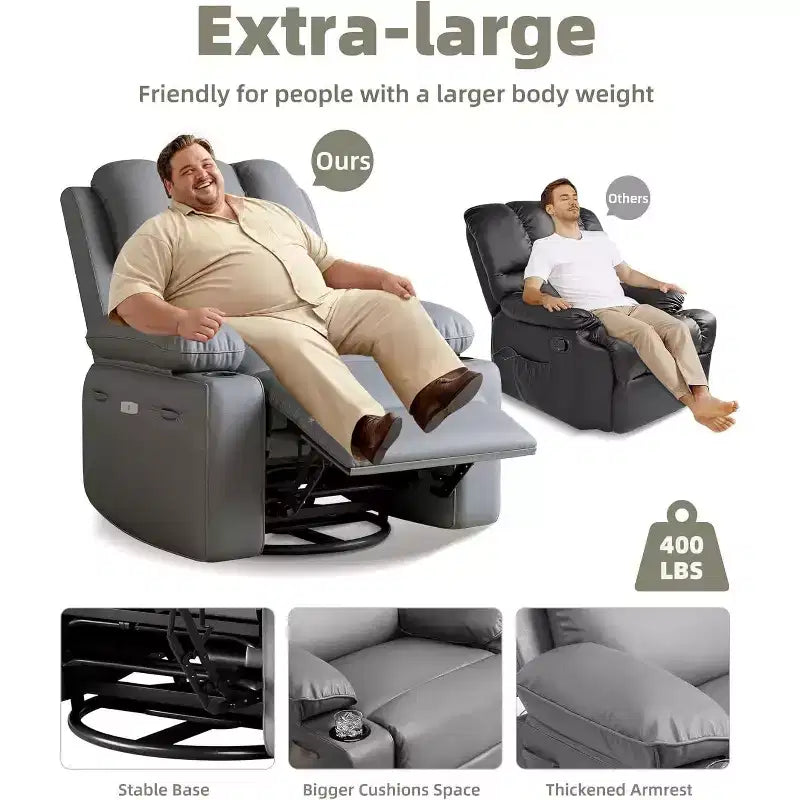 Fauteuil inclinable surdimensionné avec fonctions chauffante et massante - Fauteuil paresseux pivotant à 360° pour adultes, bascule manuelle avec télécommande, pour salons et chambres à coucher