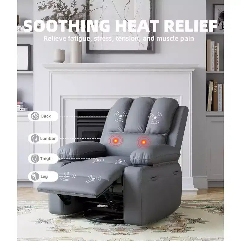 Fauteuil inclinable surdimensionné avec fonctions chauffante et massante - Fauteuil paresseux pivotant à 360° pour adultes, bascule manuelle avec télécommande, pour salons et chambres à coucher