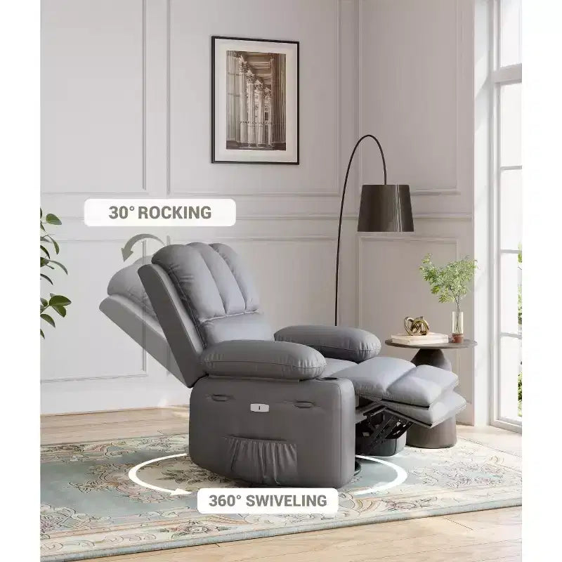Fauteuil inclinable surdimensionné avec fonctions chauffante et massante - Fauteuil paresseux pivotant à 360° pour adultes, bascule manuelle avec télécommande, pour salons et chambres à coucher