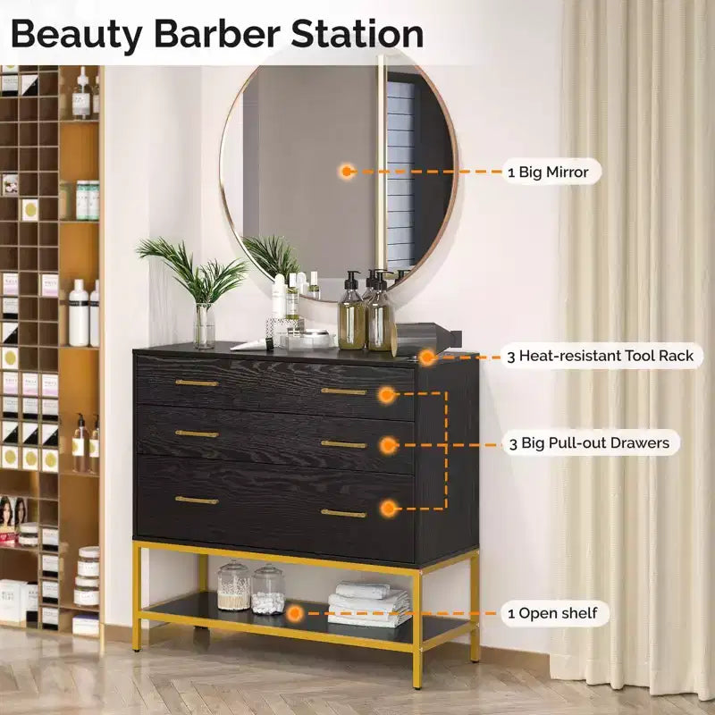 Coiffeuse de Salon avec Miroir, 3 Tiroirs et 1 Étagère Ouverte
