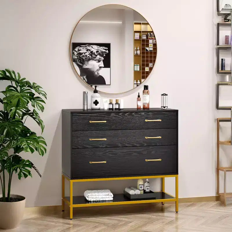 Coiffeuse de Salon avec Miroir, 3 Tiroirs et 1 Étagère Ouverte