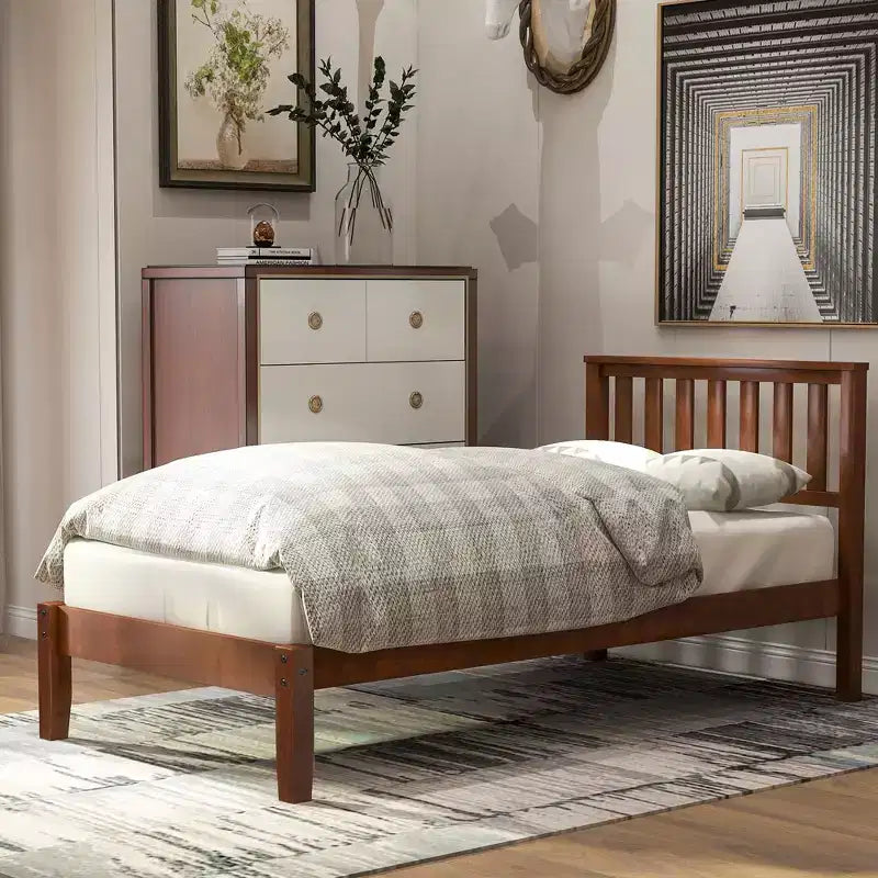 Twin Size Wood Platform Bed with Headboard and Wood Slat Support Walnut