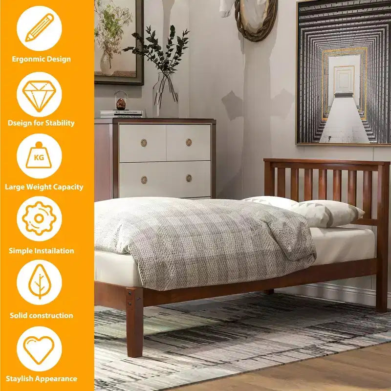 Lit plateforme en bois double avec tête de lit et lattes de bois – Noyer