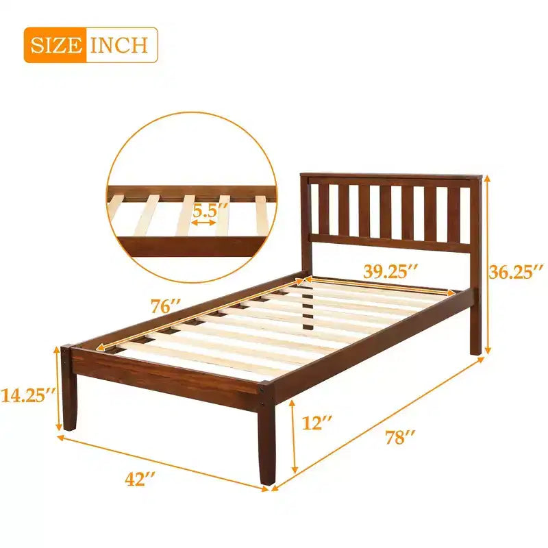 Lit plateforme en bois double avec tête de lit et lattes de bois – Noyer
