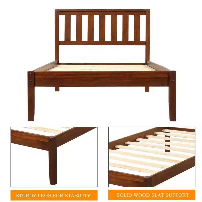 Lit plateforme en bois double avec tête de lit et lattes de bois – Noyer