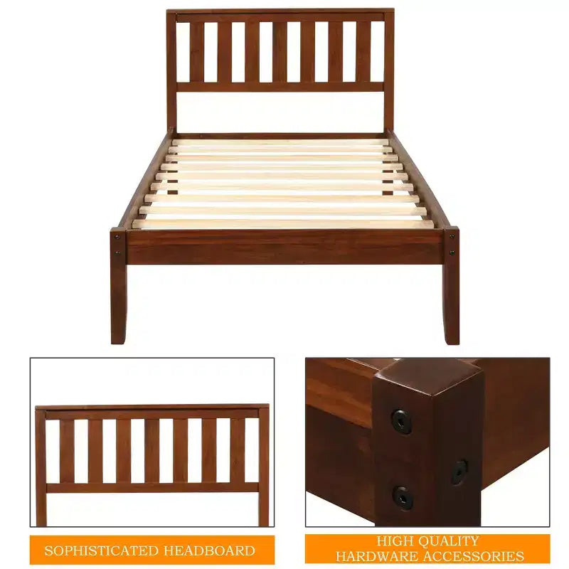 Lit plateforme en bois double avec tête de lit et lattes de bois – Noyer
