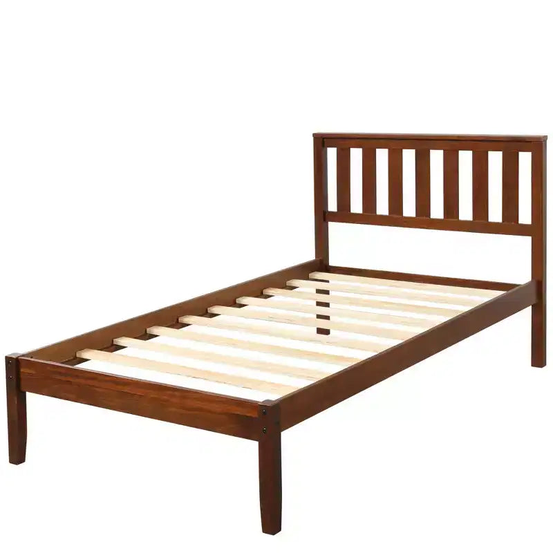 Lit plateforme en bois double avec tête de lit et lattes de bois – Noyer
