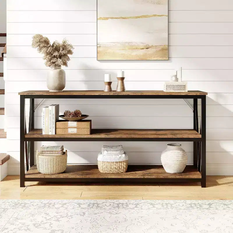 Console étroite, Console avec étagères de rangement, Table d'appoint fine, Table de canapé étroite, Console grise