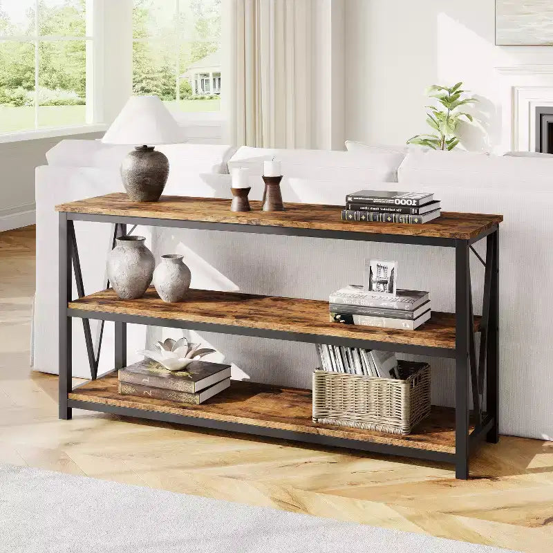 Console étroite, Console avec étagères de rangement, Table d'appoint fine, Table de canapé étroite, Console grise