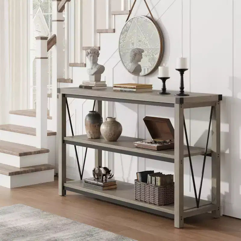 Console étroite, Console avec étagères de rangement, Table d'appoint fine, Table de canapé étroite, Console grise