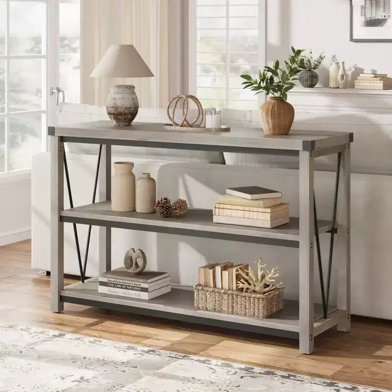 Console étroite, Console avec étagères de rangement, Table d'appoint fine, Table de canapé étroite, Console grise