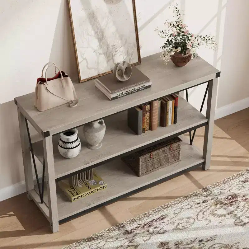 Console étroite, Console avec étagères de rangement, Table d'appoint fine, Table de canapé étroite, Console grise