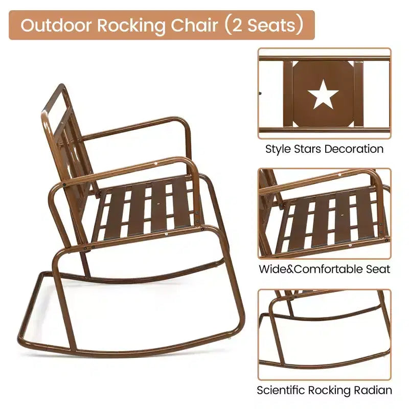 Fauteuil à bascule en fer pour 2 personnes - Fauteuil à bascule de patio couleur foie avec motif étoile