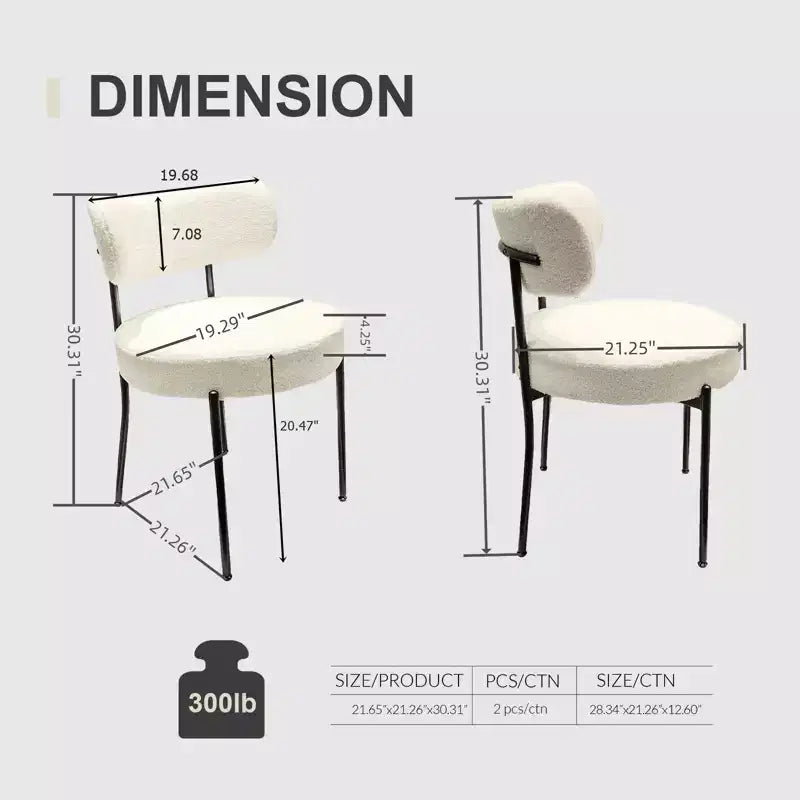 Chaises de salle à manger modernes du milieu du siècle, lot de 2, rondes, rembourrées avec dossier incurvé et pieds en métal, chaises d'appoint en bouclé pour cuisine et salle à manger