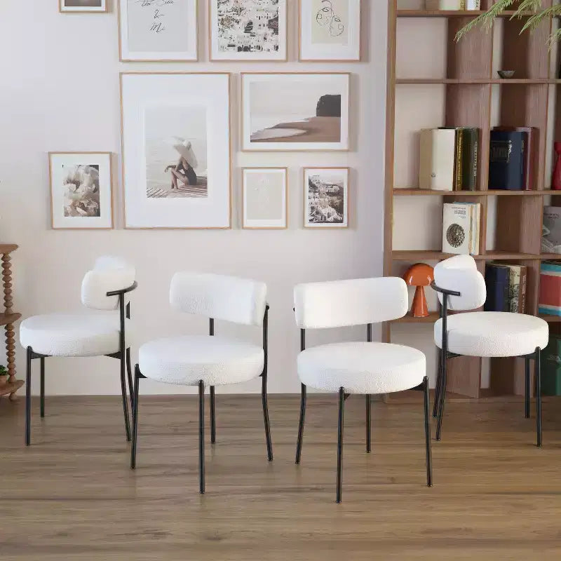 Chaises de salle à manger modernes du milieu du siècle, lot de 2, rondes, rembourrées avec dossier incurvé et pieds en métal, chaises d'appoint en bouclé pour cuisine et salle à manger