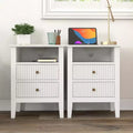 RoyalCrafted Fluted Nightstand, Wooden End Table Set with 2 Storage Drawers and Charging Station for Bedroom or Home Office, Set of 2, White